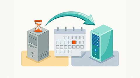Zwei Computer mit einem Kalender und einer Sanduhr, verbunden durch einen Pfeil, der den Datenfluss darstellt.